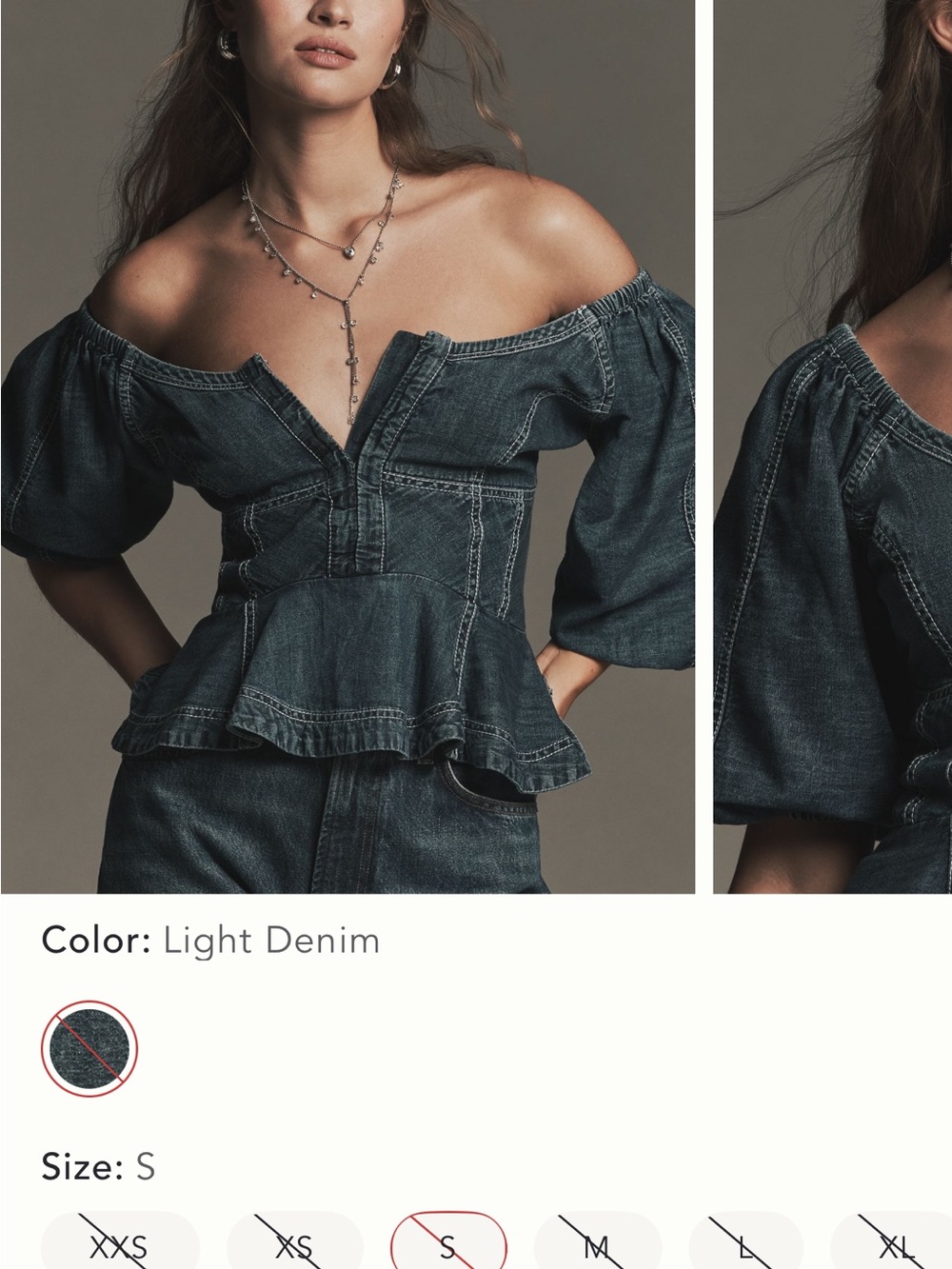Anthropologie Light Denim Off-Shoulder Peplum Top